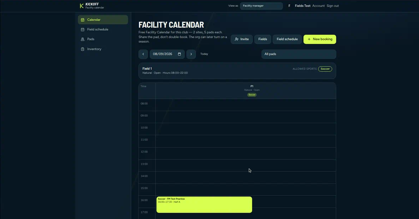 Facility Calendar grid with a Half A soccer practice on Field 1
