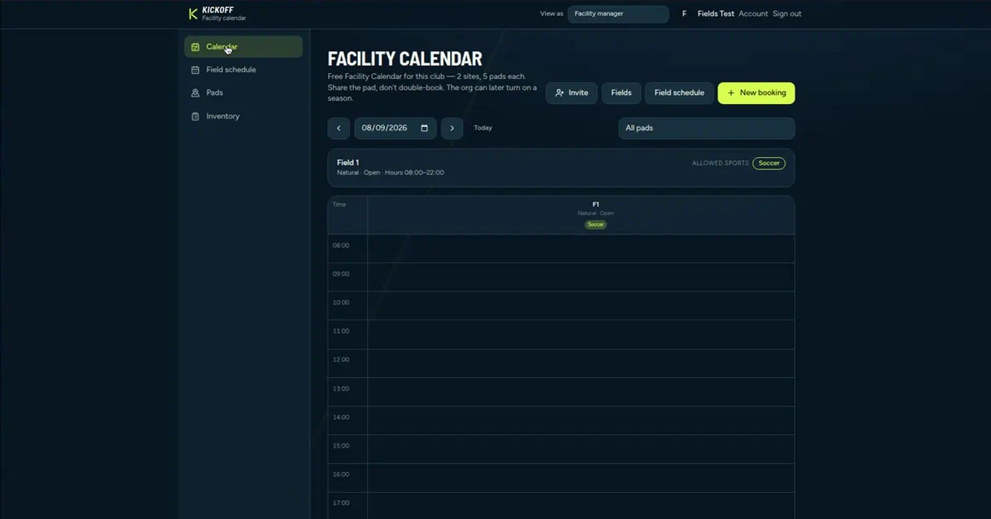 Live Kickoff Facility Calendar with the Field 1 card and F1 column