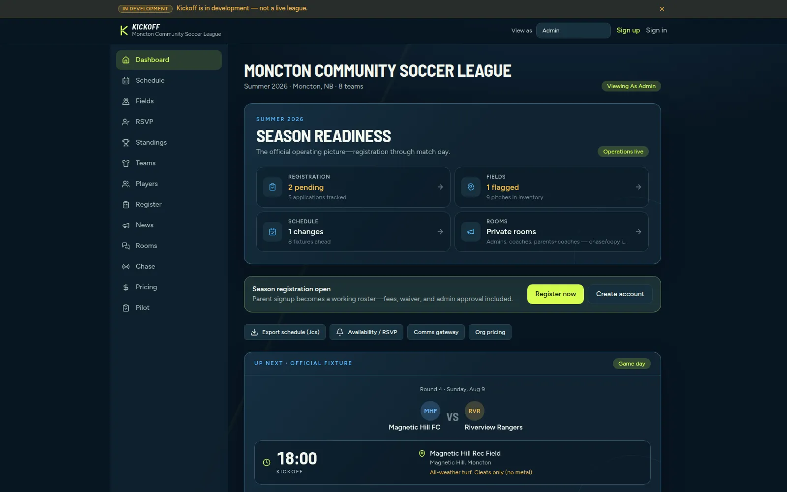 Kickoff admin dashboard screen