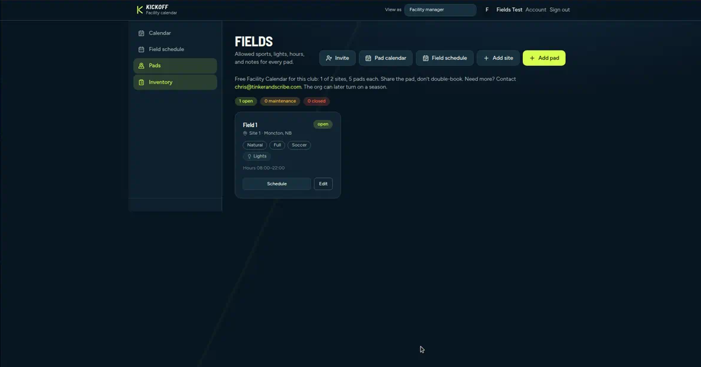 Pads inventory with Field 1 open on the first of two sites