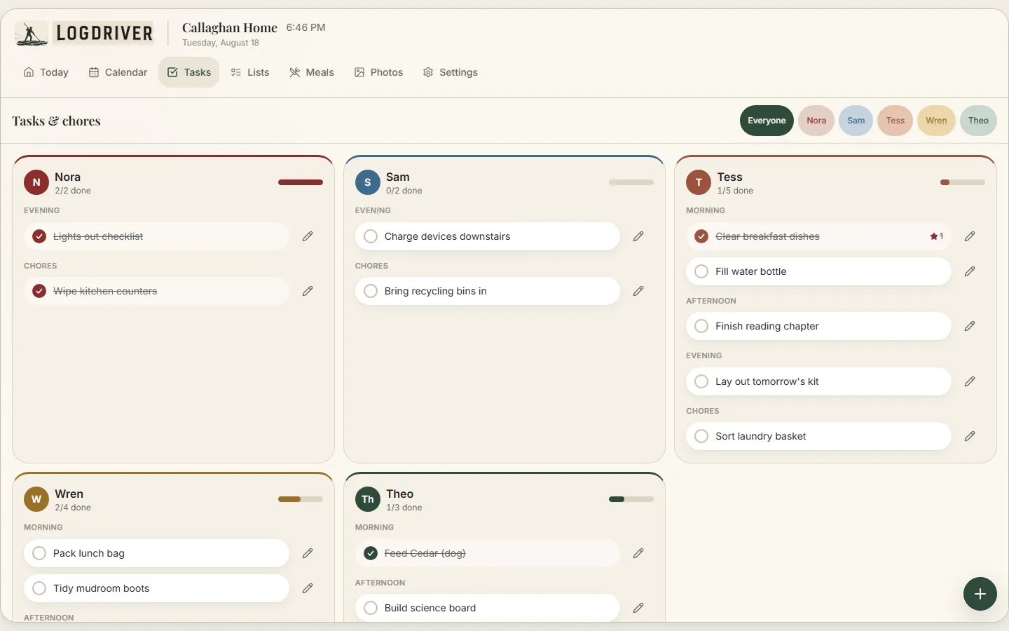 Logdriver Tasks and chores screen