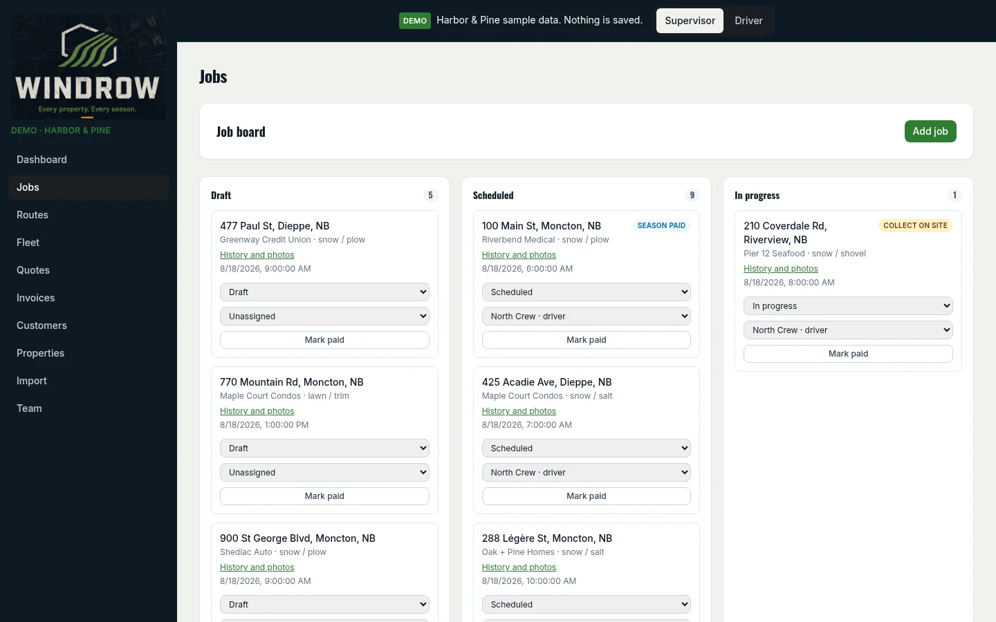 Harbor & Pine jobs board with draft, scheduled, and in-progress columns