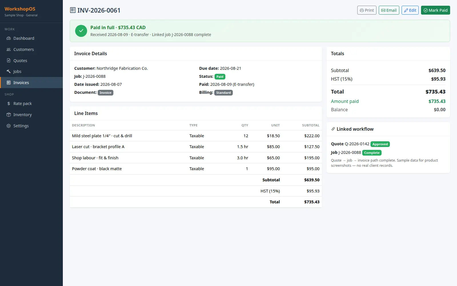 WorkshopOS invoice screen
