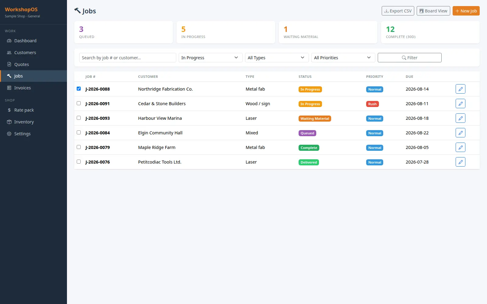 WorkshopOS jobs screen