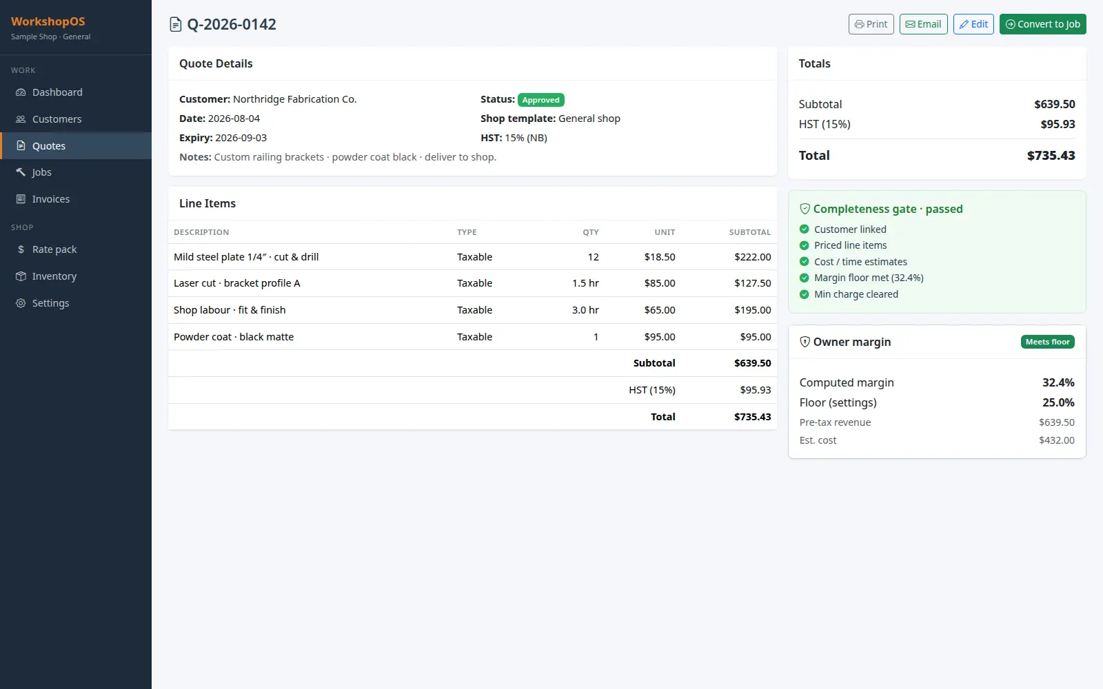 WorkshopOS quote screen with completeness gate